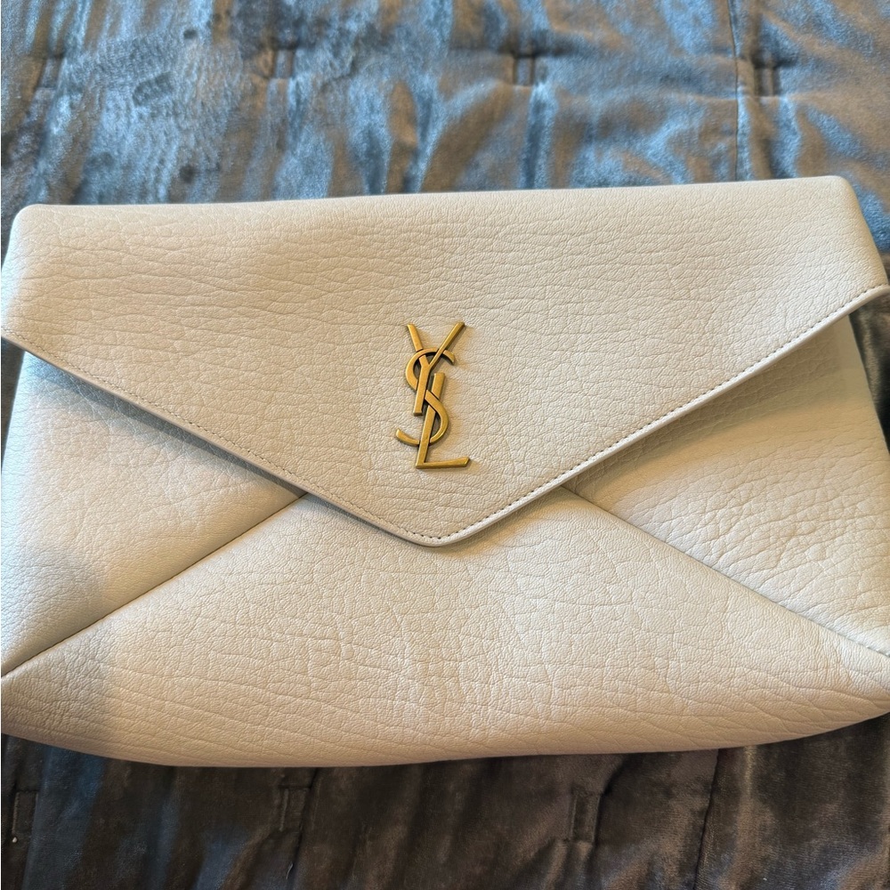 Yves Saint Laurent Ivory Clutch with Gold Logo